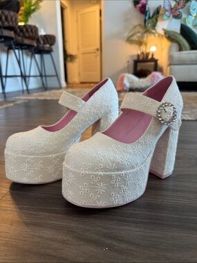 Sugar Thrillz White Floral Lace Mary Jane Platform Heels with Pink Lining